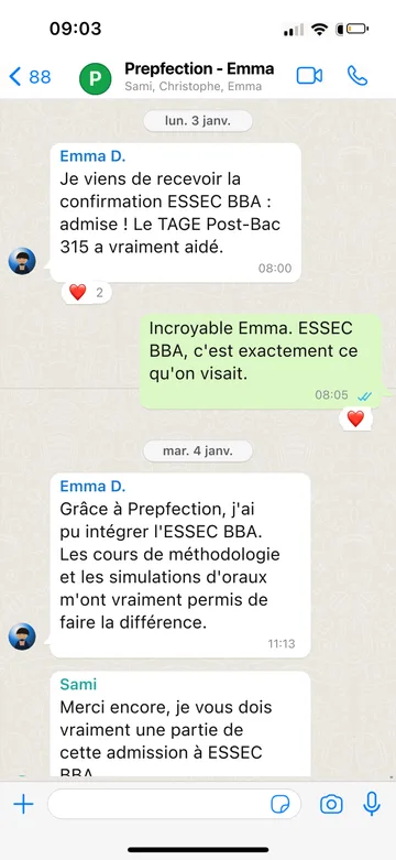 Capture WhatsApp d’un étudiant Prepfection 1