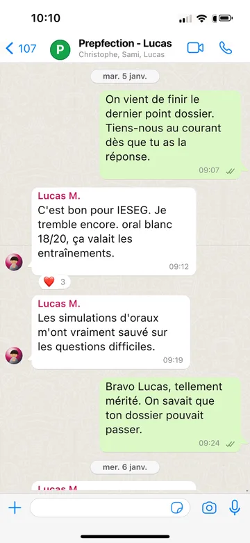 Capture WhatsApp d’un étudiant Prepfection 2