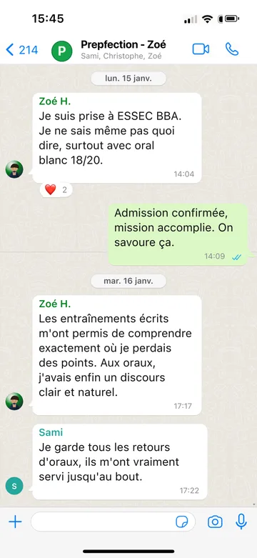 Capture WhatsApp d’un étudiant Prepfection 7