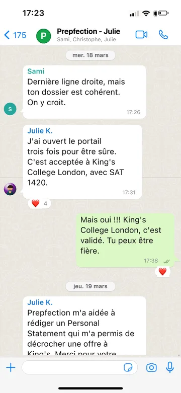 Capture WhatsApp d’un étudiant Prepfection 1