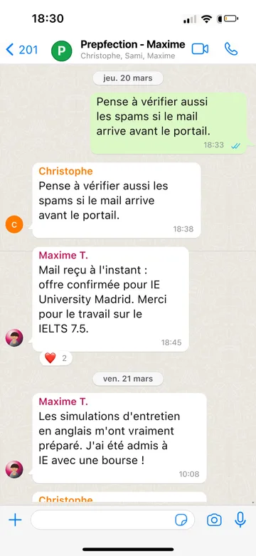 Capture WhatsApp d’un étudiant Prepfection 2