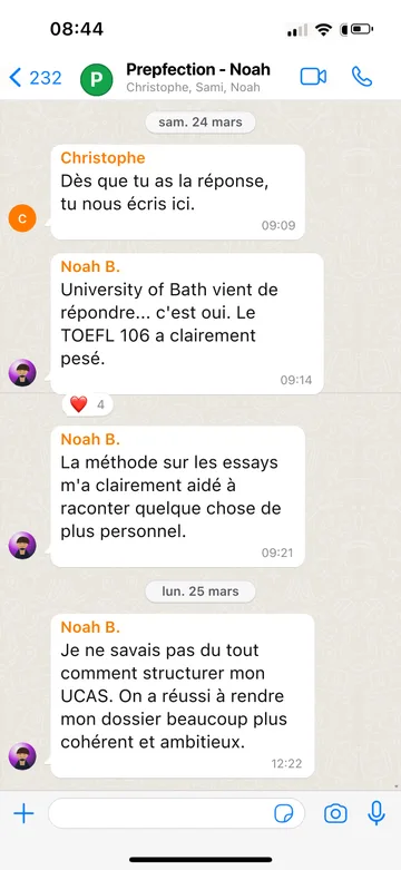 Capture WhatsApp d’un étudiant Prepfection 4