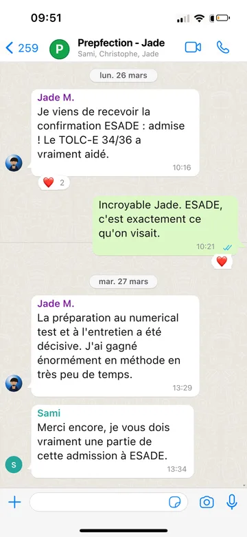 Capture WhatsApp d’un étudiant Prepfection 5