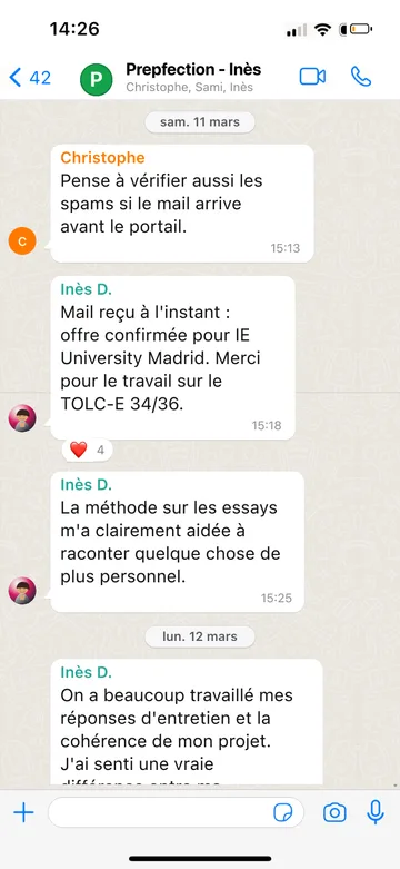 Capture WhatsApp d’un étudiant Prepfection 10