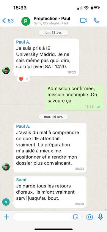 Capture WhatsApp d’un étudiant Prepfection 11