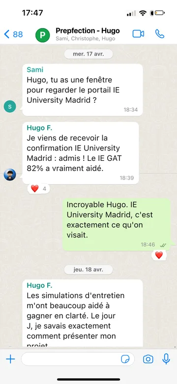 Capture WhatsApp d’un étudiant Prepfection 13