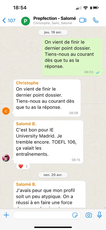 Capture WhatsApp d’un étudiant Prepfection 14