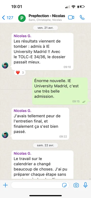 Capture WhatsApp d’un étudiant Prepfection 15