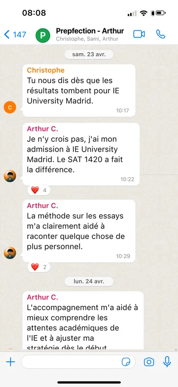 Capture WhatsApp d’un étudiant Prepfection 16