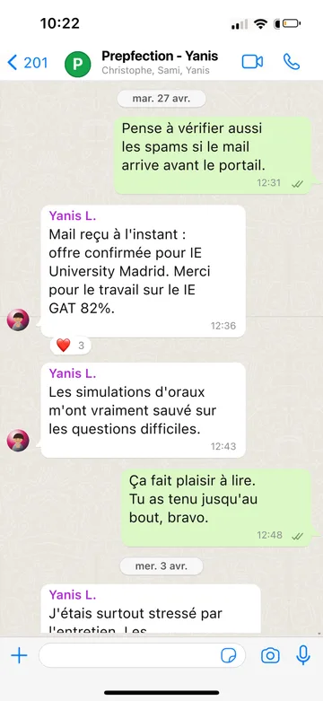 Capture WhatsApp d’un étudiant Prepfection 18
