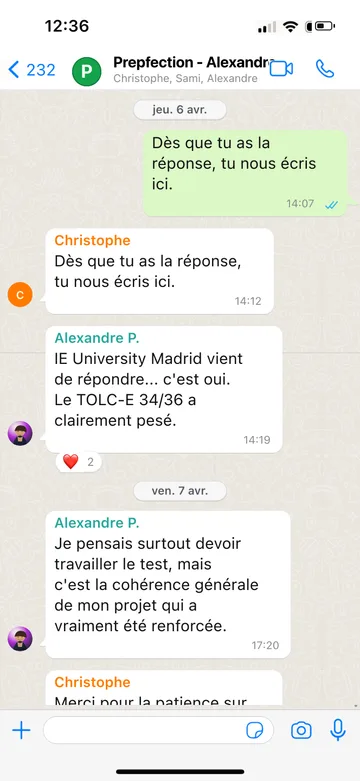 Capture WhatsApp d’un étudiant Prepfection 20