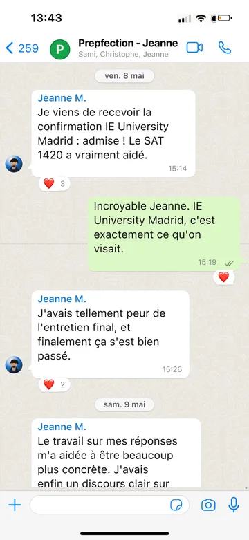 Capture WhatsApp d’un étudiant Prepfection 21
