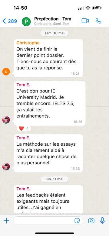 Capture WhatsApp d’un étudiant Prepfection 22