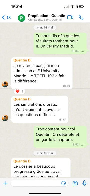 Capture WhatsApp d’un étudiant Prepfection 24