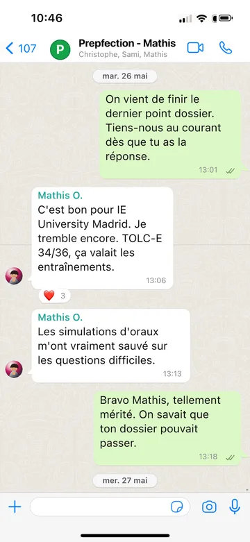 Capture WhatsApp d’un étudiant Prepfection 30