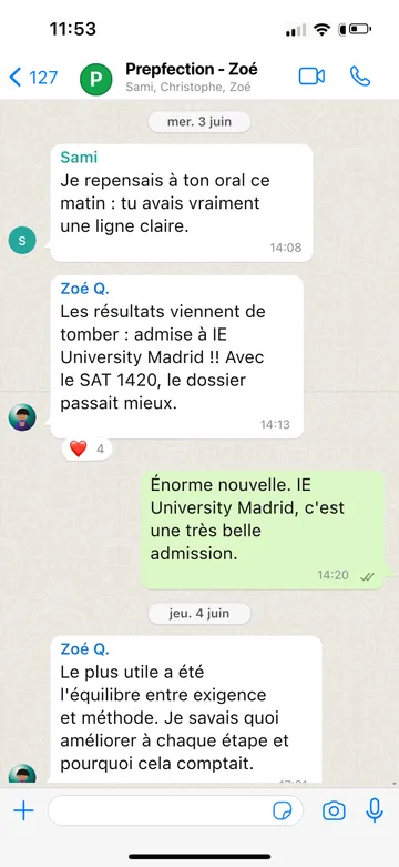 Capture WhatsApp d’un étudiant Prepfection 31