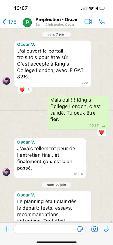 Capture WhatsApp d’un étudiant Prepfection 33