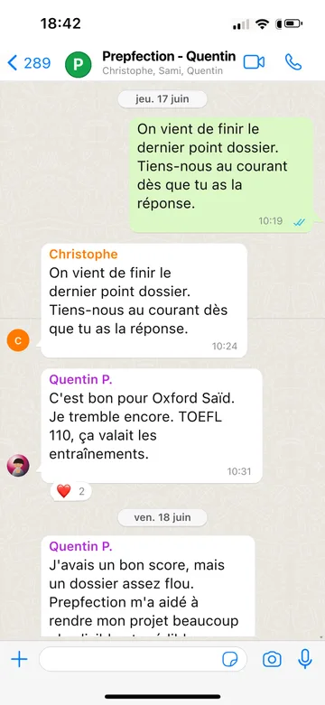 Capture WhatsApp d’un étudiant Prepfection 5