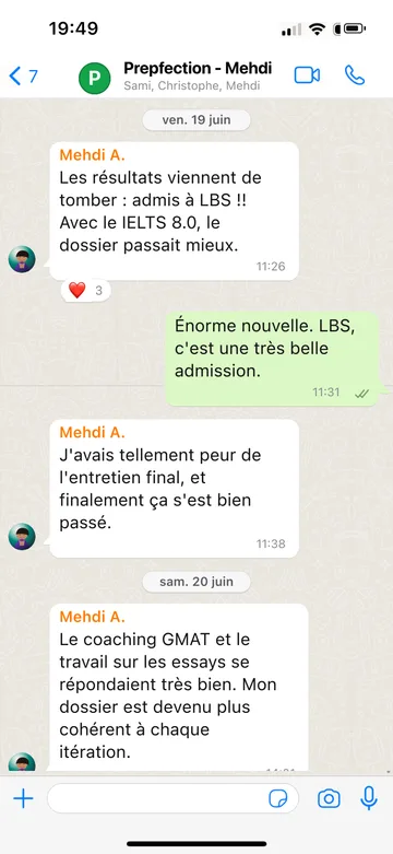 Capture WhatsApp d’un étudiant Prepfection 6